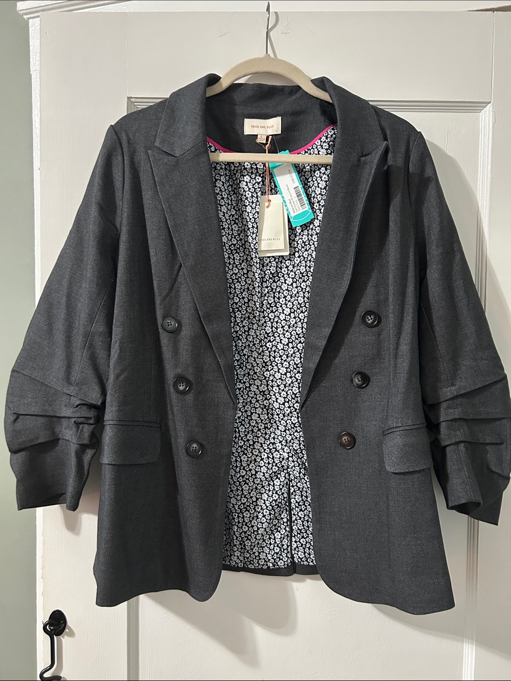 Skies Are Blue Charcoal Gray Double-Breasted Blazer with Floral Lining